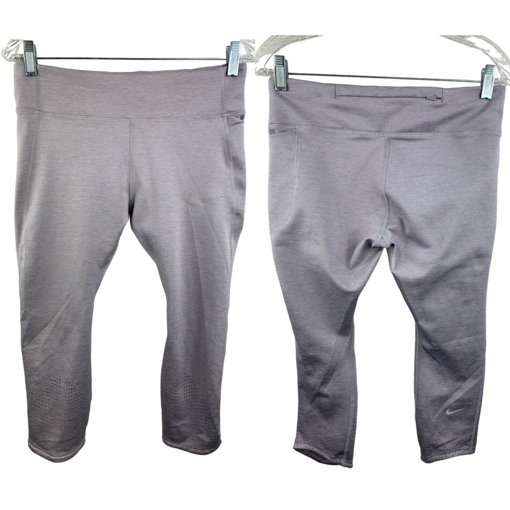 Nike Sz L Women's Dri Fit Cropped Leggings Athletic Workout Solid Gray Back Zip